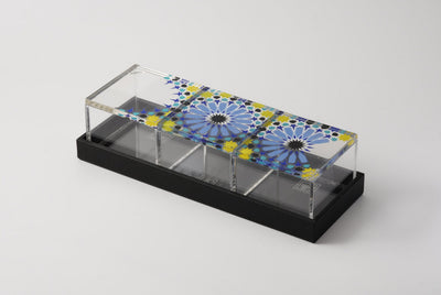 Arabesque acrylic storage box with colourful geometric lid and leather tray, made in the UAE by MASHQ