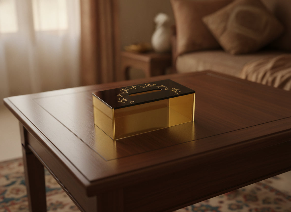 «بيتنا جنتنا» acrylic tissue box on a table