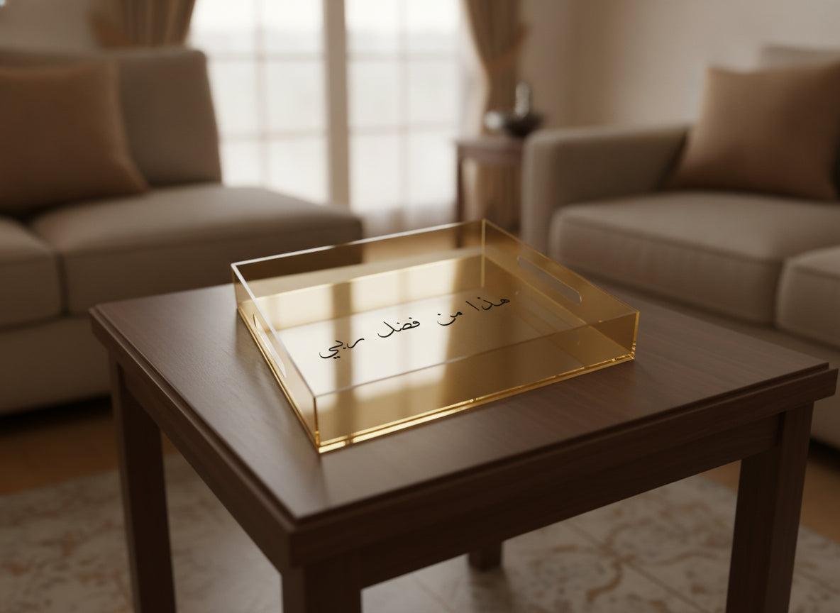 «هذا من فضل ربي» acrylic serving tray on a table