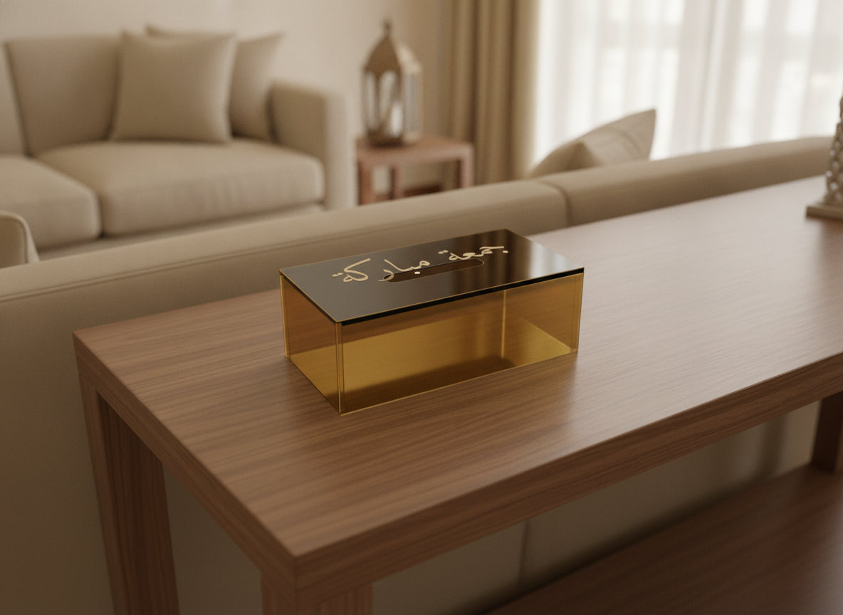 «جمعة مباركة» acrylic tissue box on a table