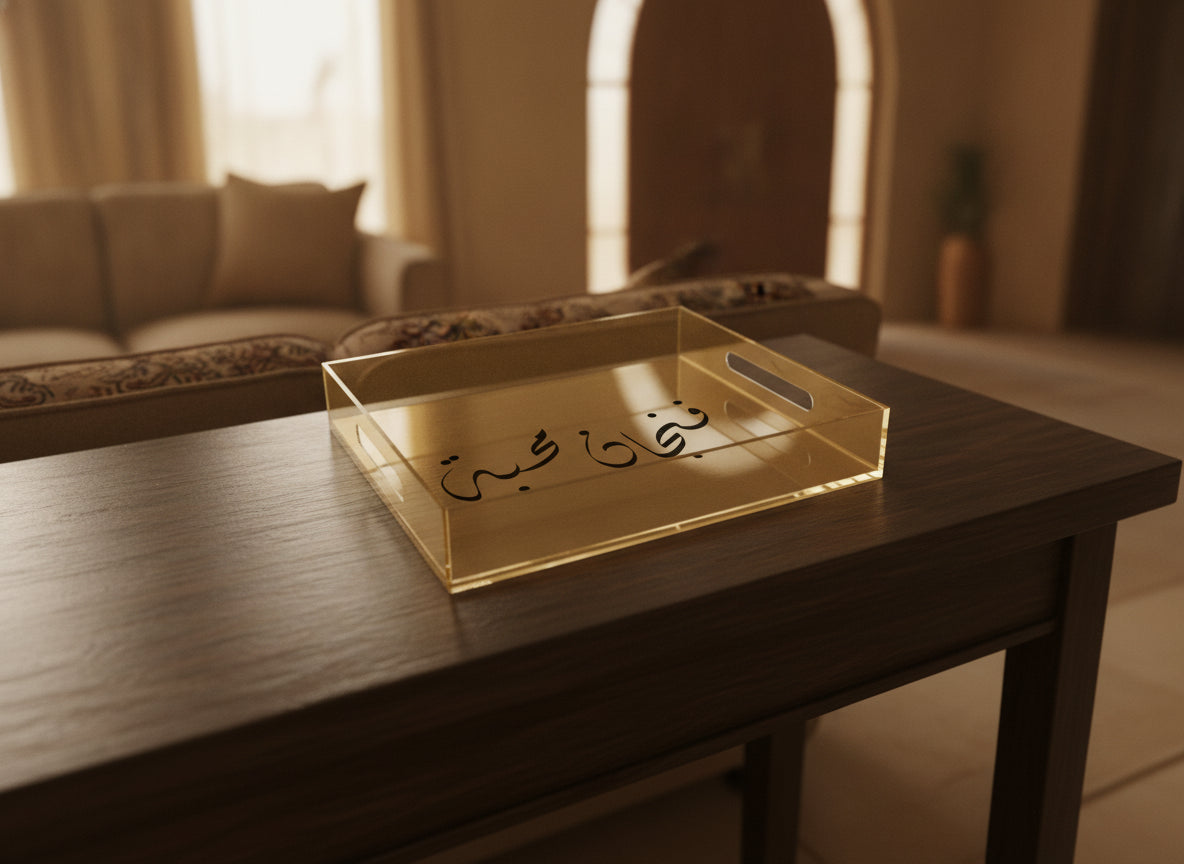 «فنجان محبة» acrylic serving tray on a table