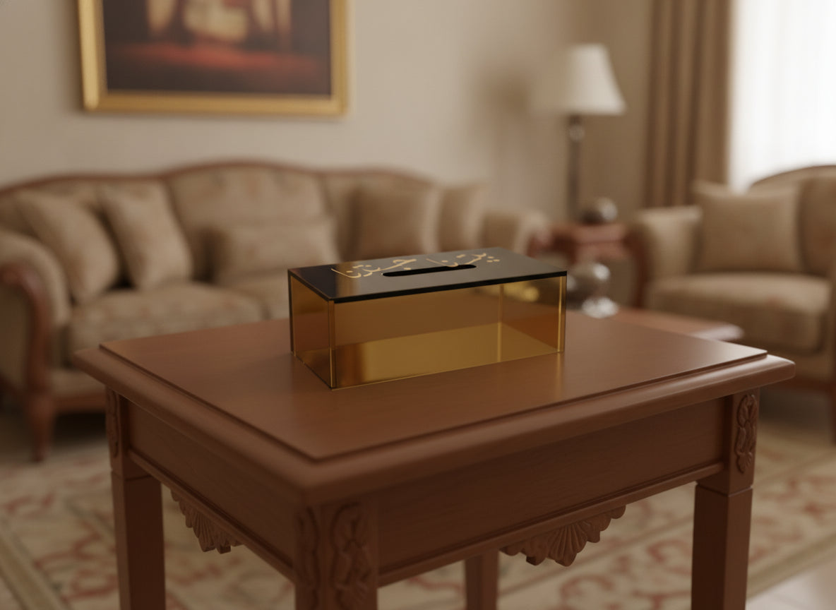 «بيتنا جنتنا» acrylic tissue box on a table
