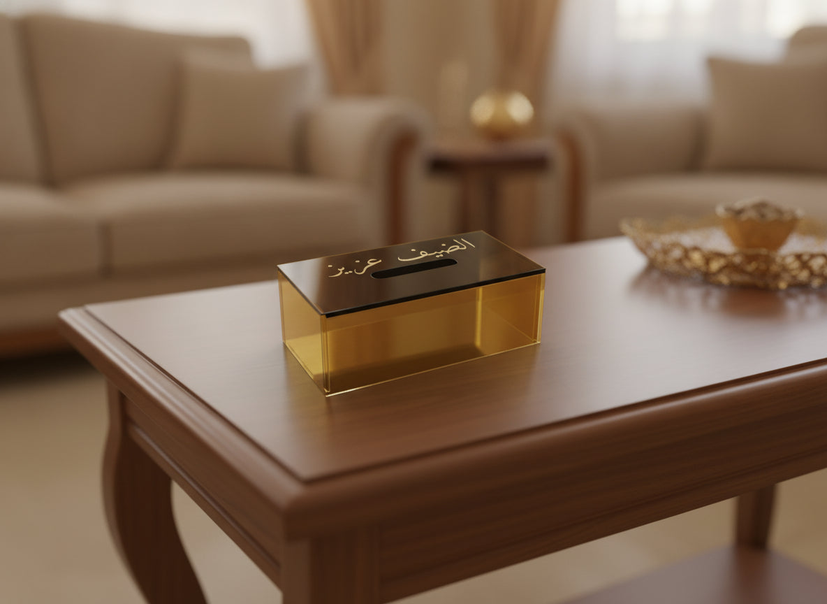 «الضيف عزيز» acrylic tissue box on a table