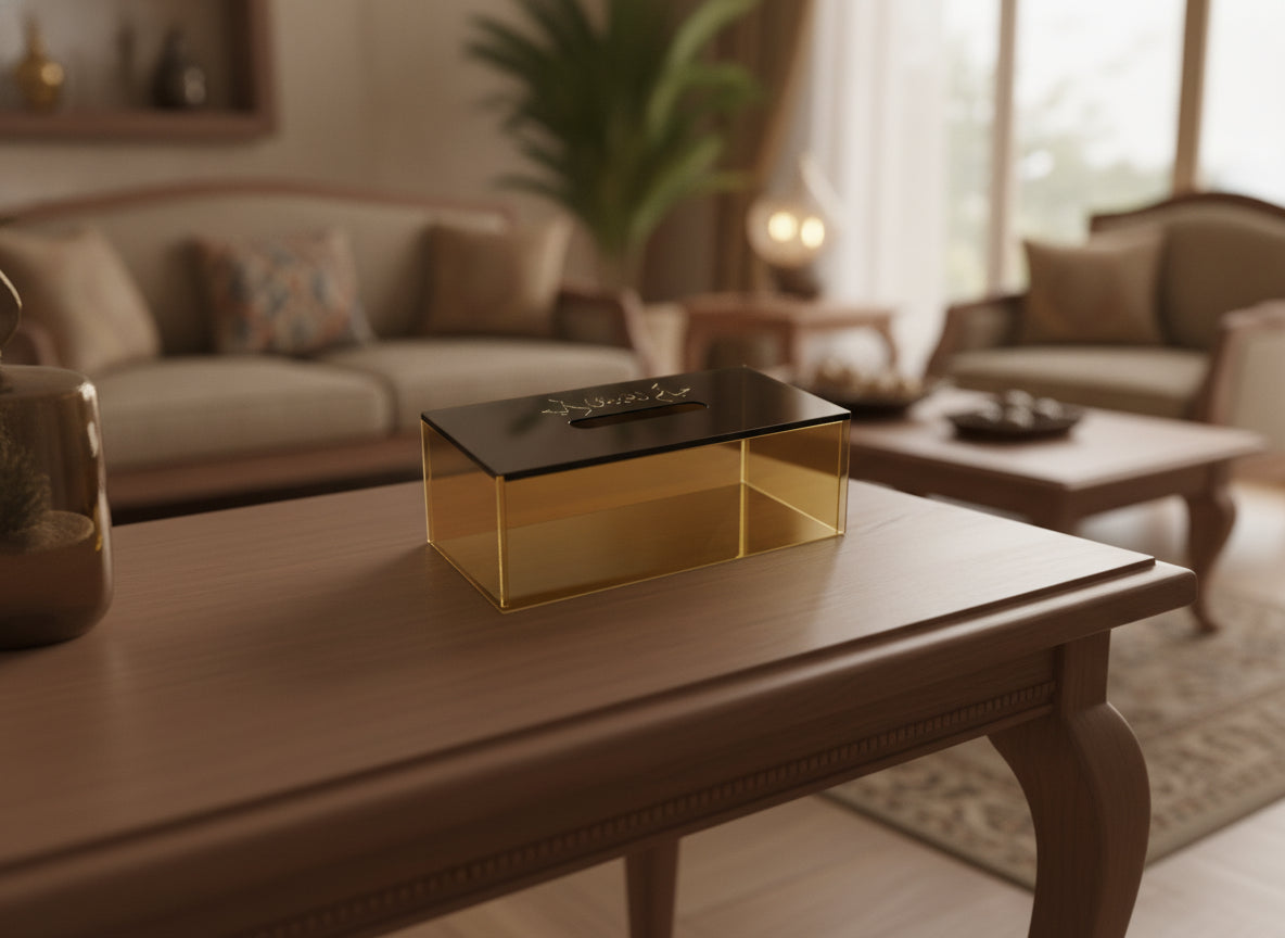 «حياكم الله» acrylic tissue box on a table