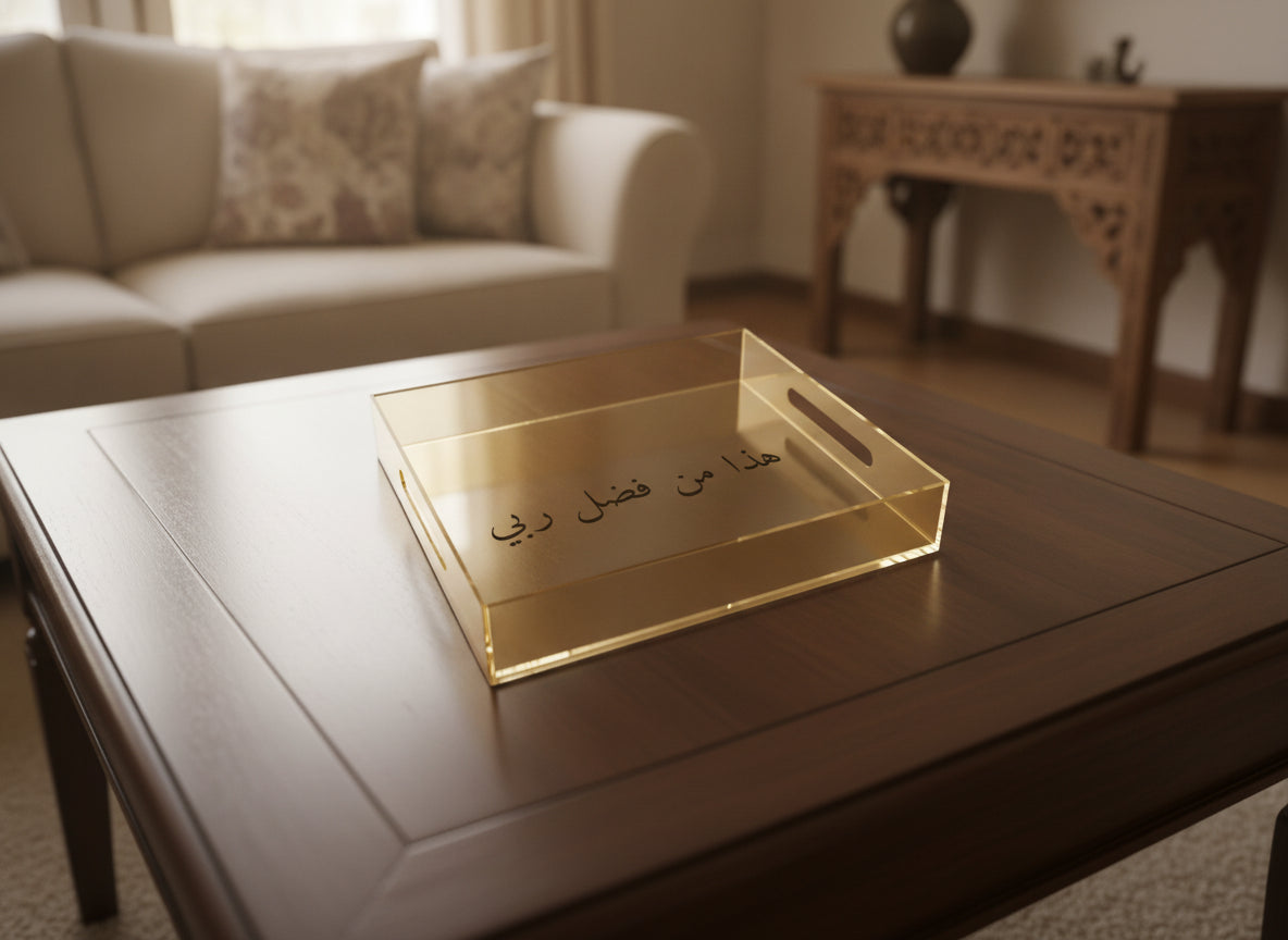 «هذا من فضل ربي» acrylic serving tray on a table