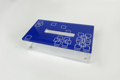 Acrylic tissue box cover with blue arabesque flower lid, made in the UAE by MASHQ
