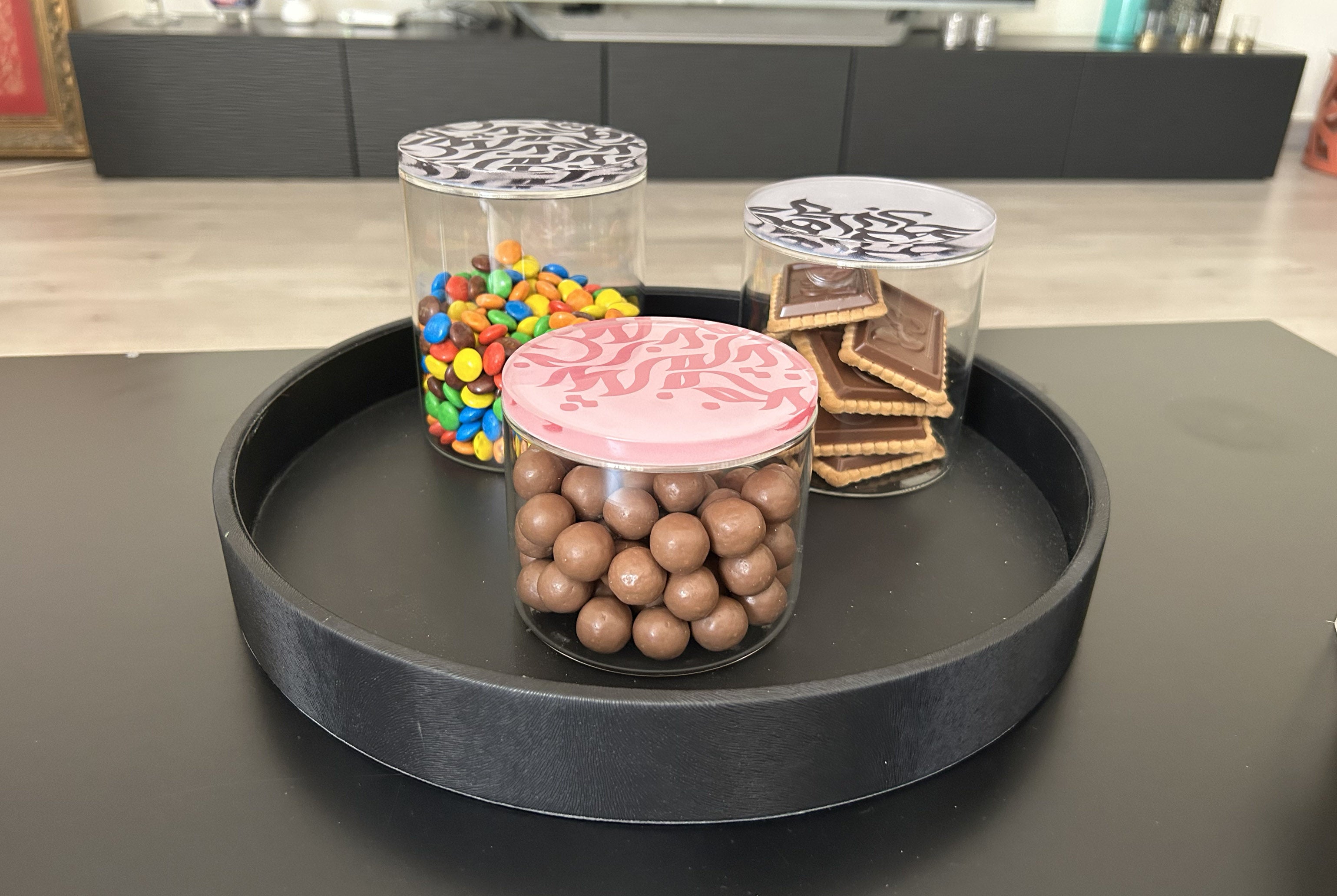 Glass Jar Set with Arabic Calligraphy Lid and Serving Tray