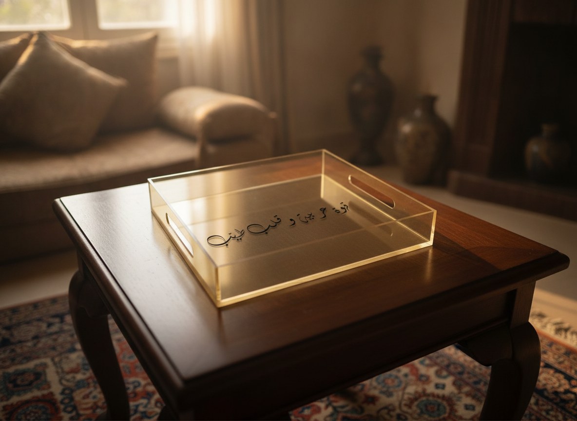 «قهوة عربية وقلب طيّب» Diwani calligraphy serving tray, gold acrylic, on a coffee table