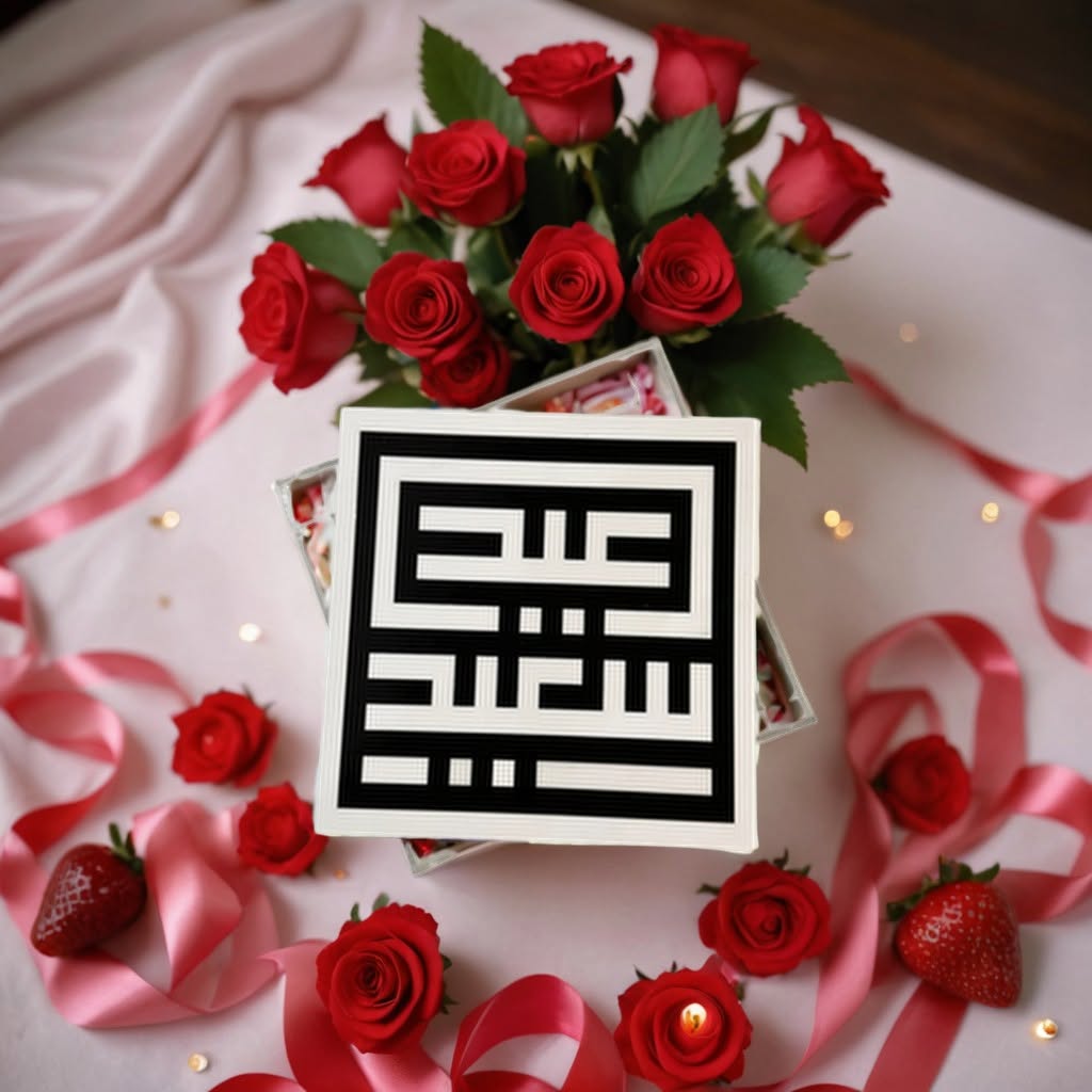 Eid Saeed kufic calligraphy gift box with roses and strawberries