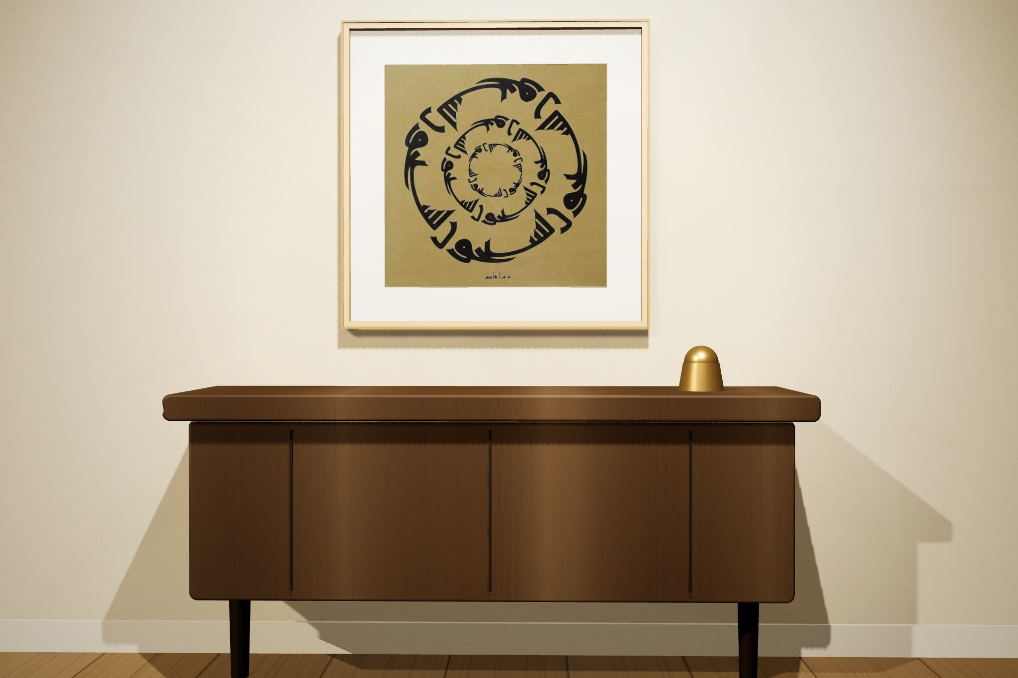 «يسبحون» by Rasha Kasim, 59 × 59 cm, shown to scale in a natural oak frame on a majlis wall — framing available on request