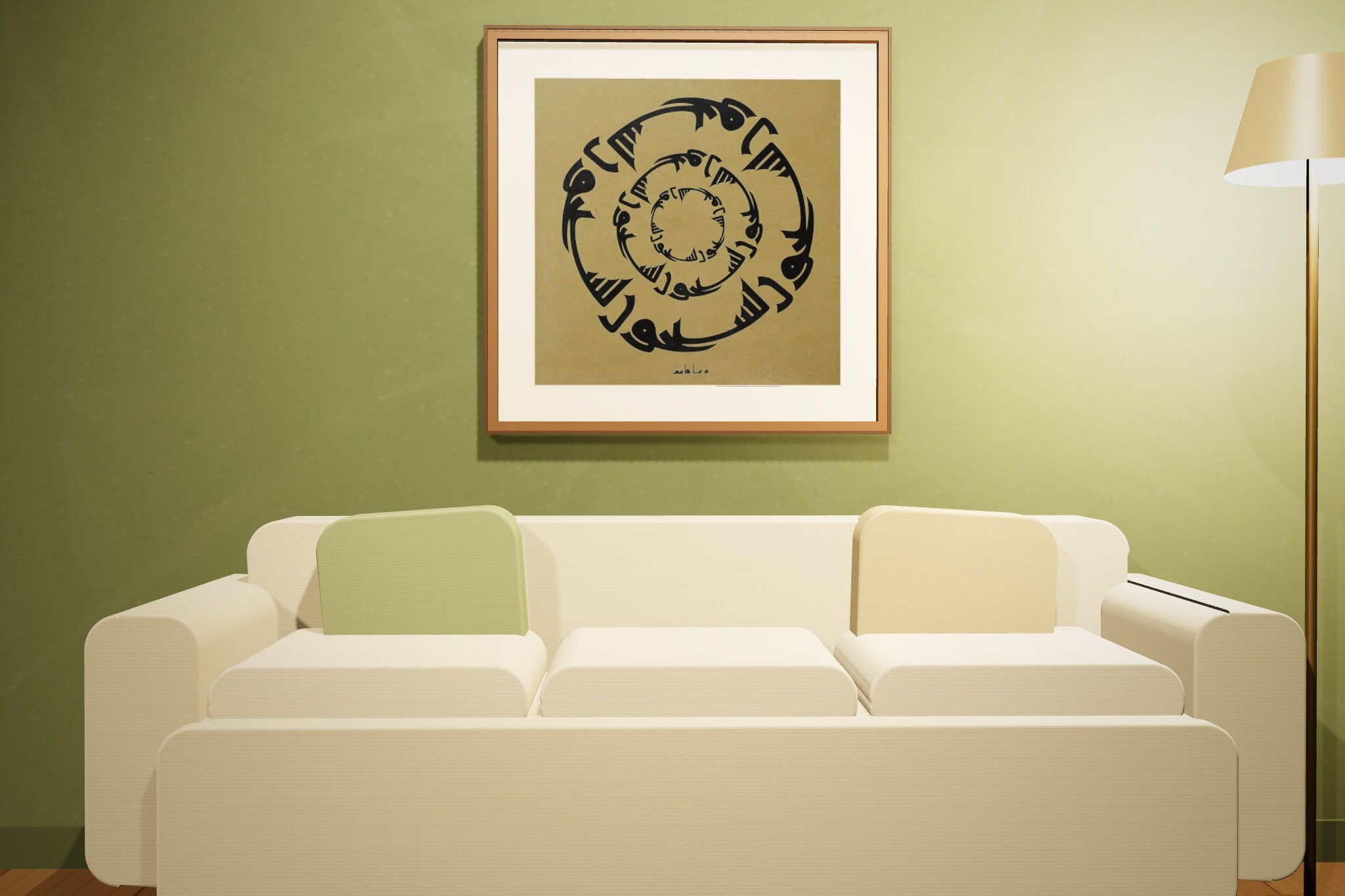 «يسبحون» by Rasha Kasim, 59 × 59 cm, shown to scale in a dark walnut frame in an olive lounge — framing available on request