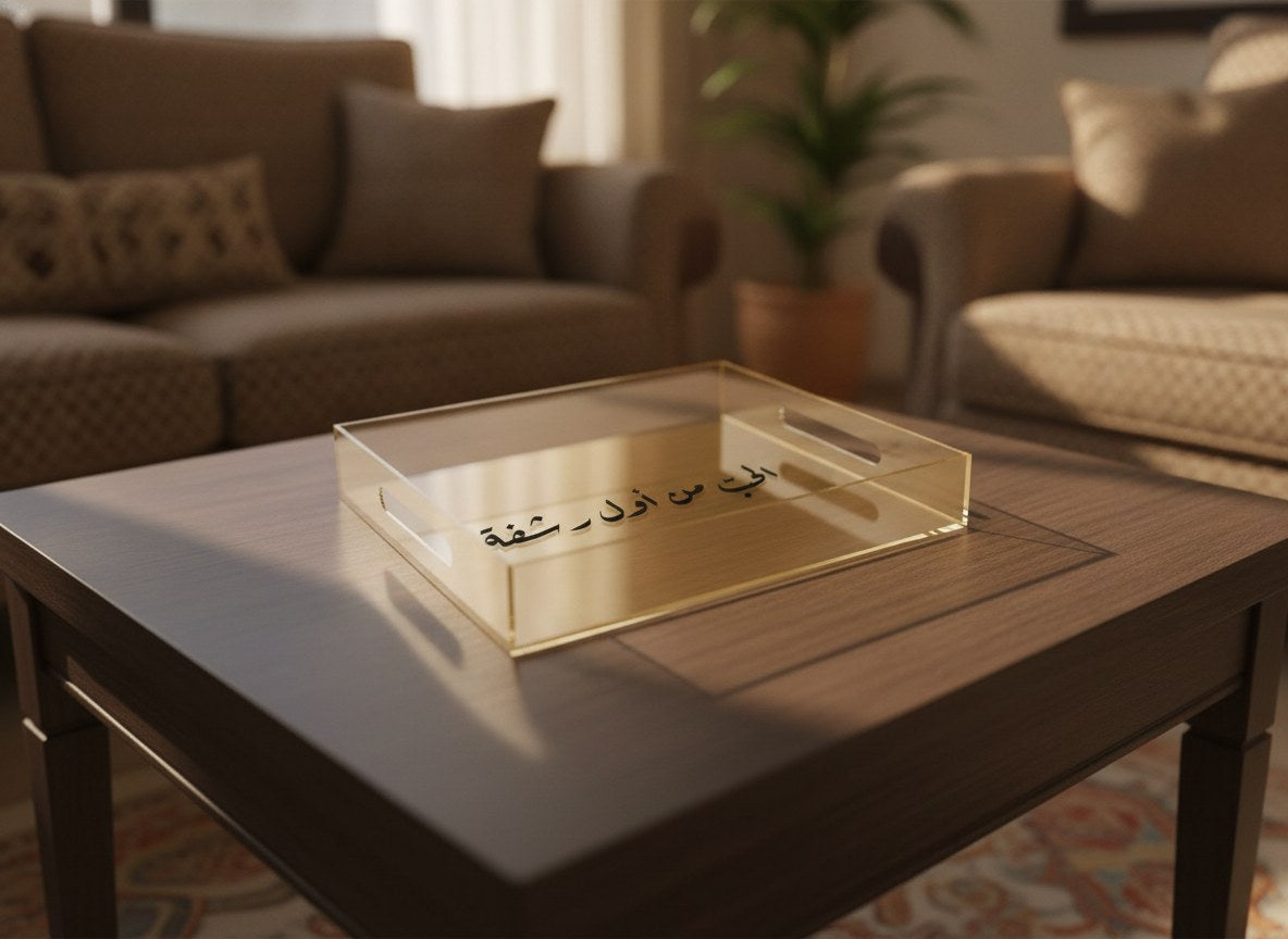 «الحبّ من أول رشفة» صينية تقديم بخط الرقعة، أكريليك ذهبي، على طاولة قهوة