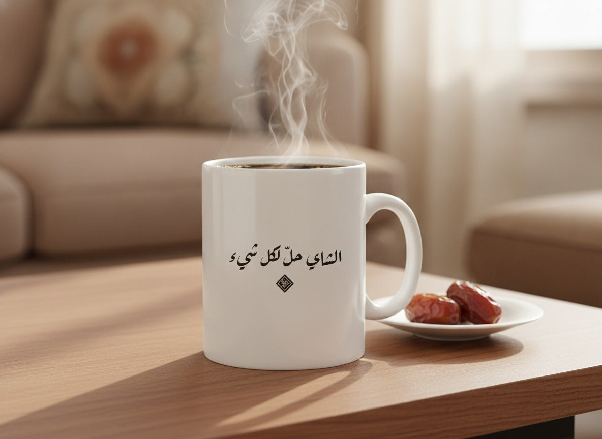 «الشاي حلّ لكل شيء» كوب بخط الرقعة، ممتلئ، على طاولة قهوة