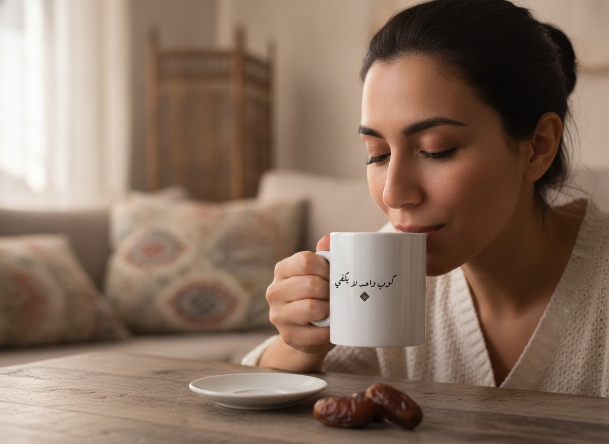 «كوب واحد لا يكفي» كوب الخط في اليد، أثناء الرشفة