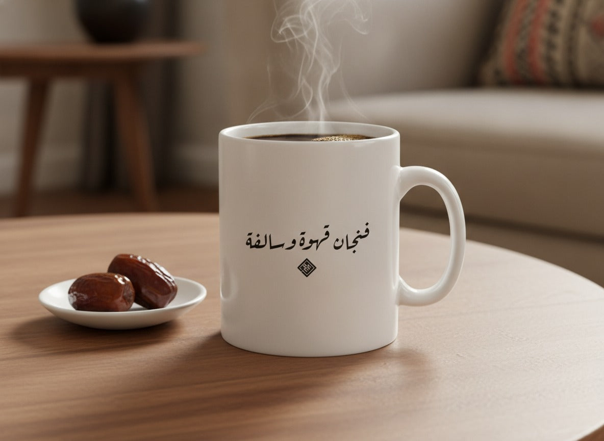 «فنجان قهوة وسالفة» كوب بخط الرقعة، ممتلئ، على طاولة قهوة