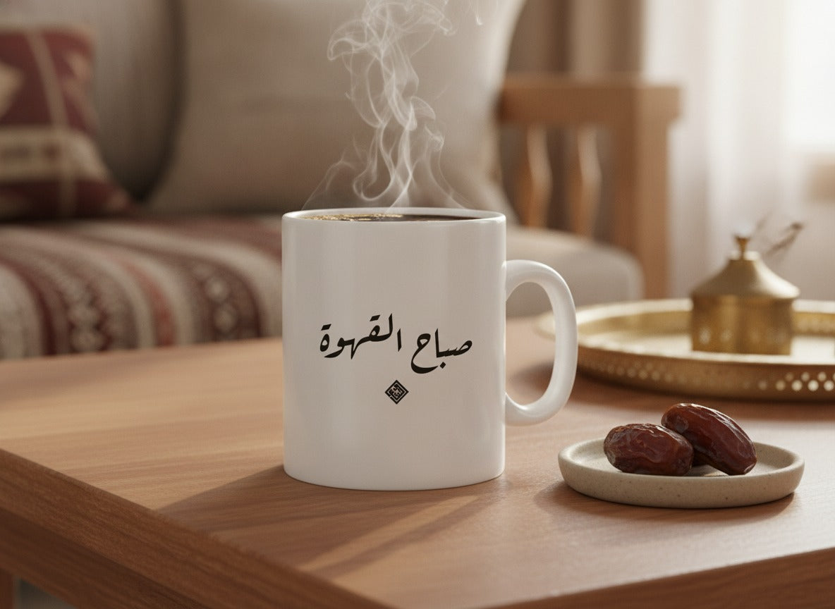 «صباح القهوة» calligraphy mug, filled, on a coffee table