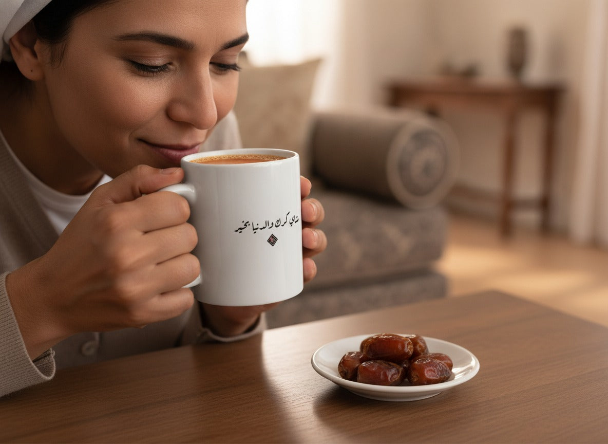 «شاي كرك والدنيا بخير» calligraphy mug in hand, mid-sip