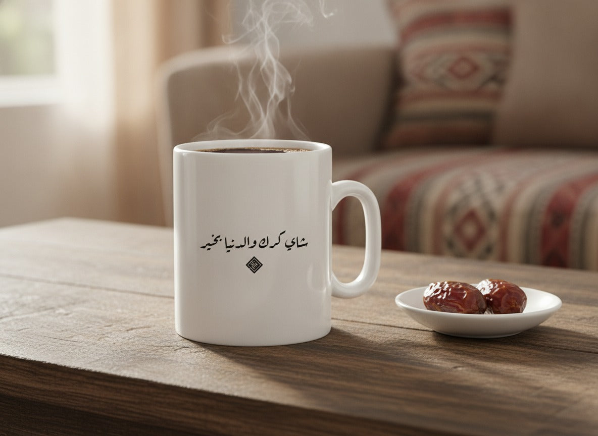 «شاي كرك والدنيا بخير» كوب بخط الرقعة، ممتلئ، على طاولة قهوة