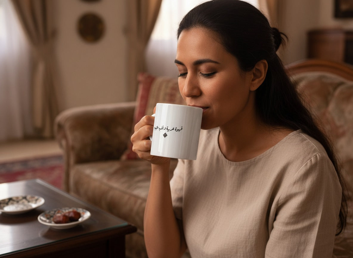 «قهوة عربية وقلب طيّب» calligraphy mug in hand, mid-sip