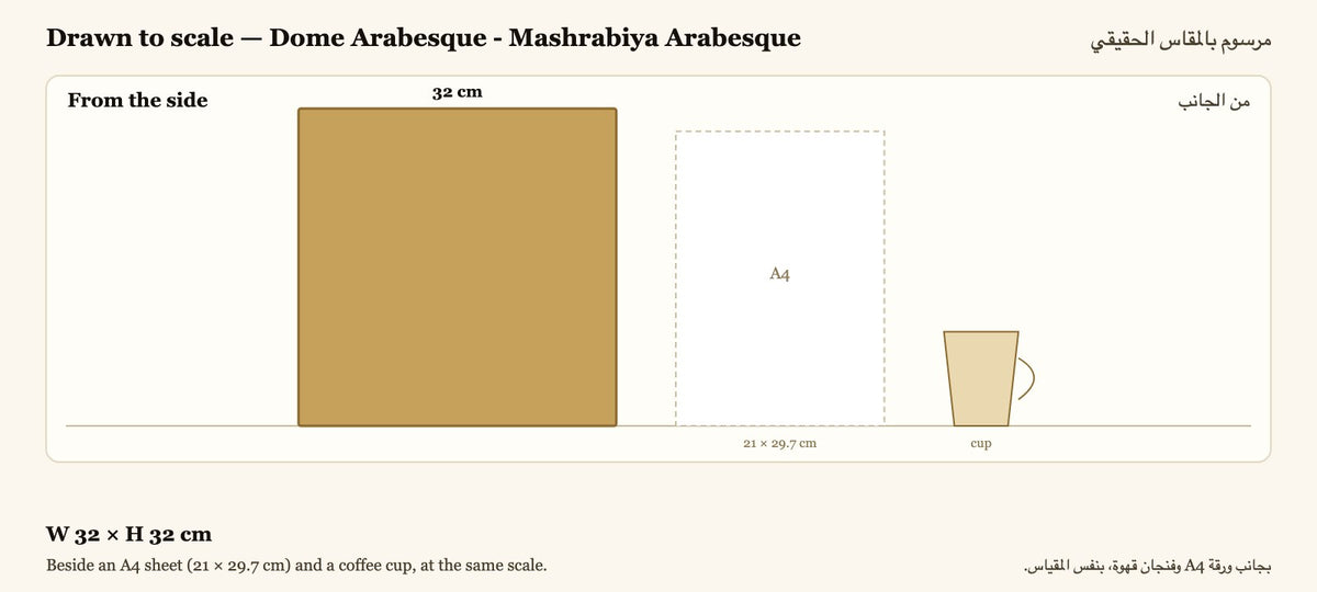Drawn to scale — W 32 × H 32 cm, beside an A4 sheet and a coffee cup · مرسوم بالمقاس الحقيقي بجانب ورقة A4 وفنجان قهوة