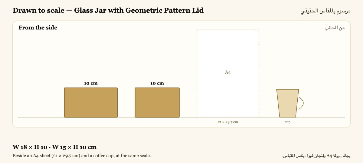 Drawn to scale — W 18 × H 10 · W 15 × H 10 cm, beside an A4 sheet and a coffee cup