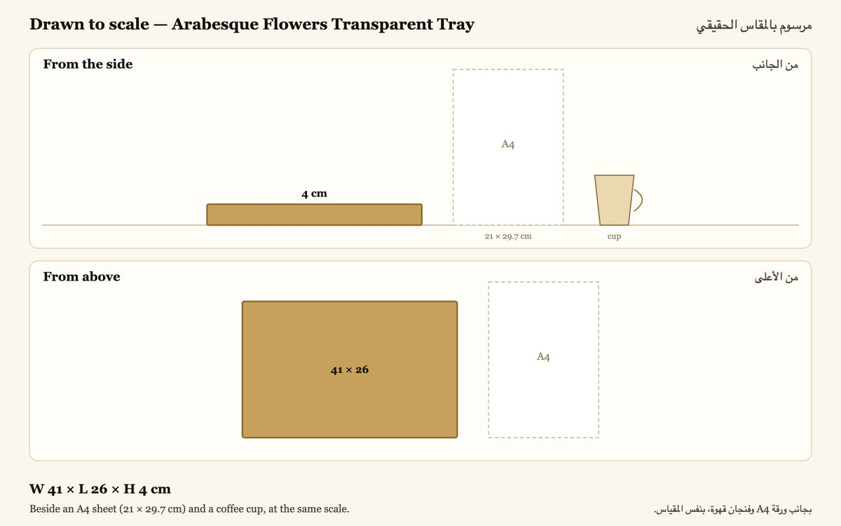 Drawn to scale — W 41 × L 26 × H 4 cm, beside an A4 sheet and a coffee cup · مرسوم بالمقاس الحقيقي بجانب ورقة A4 وفنجان قهوة
