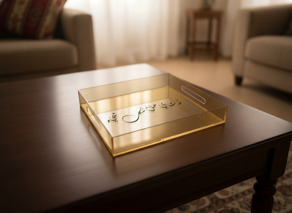 «الشاي حلّ لكل شيء» Diwani calligraphy serving tray, gold acrylic, on a coffee table
