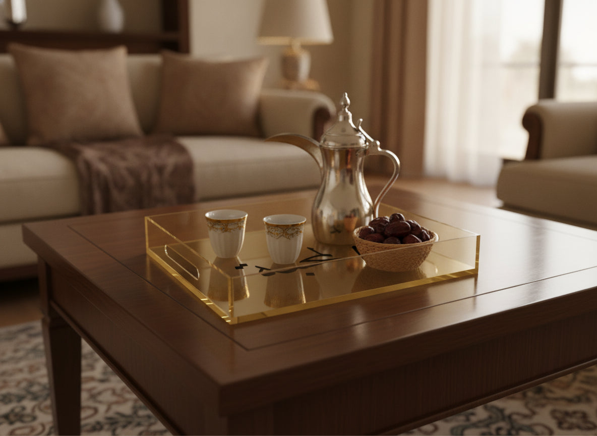 A customised acrylic serving tray carrying «المحبة» in Naskh, in use
