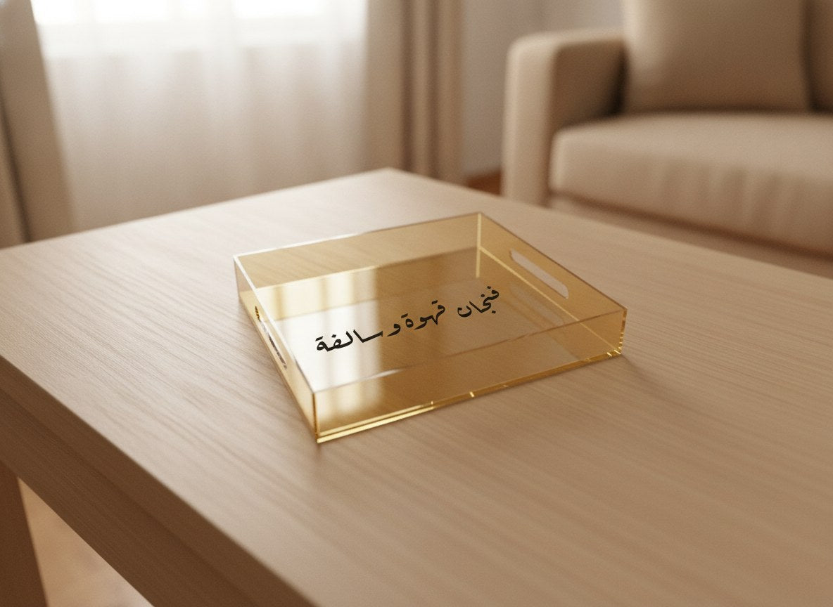 Gold-tinted acrylic tray reading «فنجان قهوة وسالفة» in black Ruq'ah on a light wood coffee table in a living room