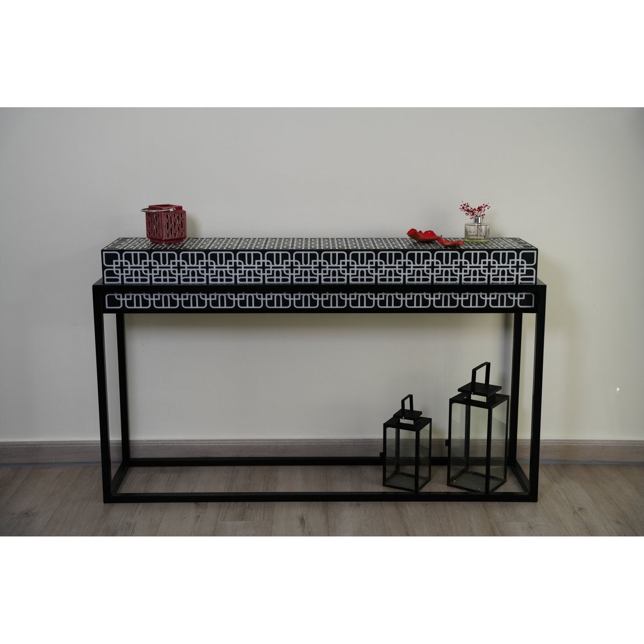 Arabic console table with a black and white floral pattern, made in the MASHQ Dubai workshop