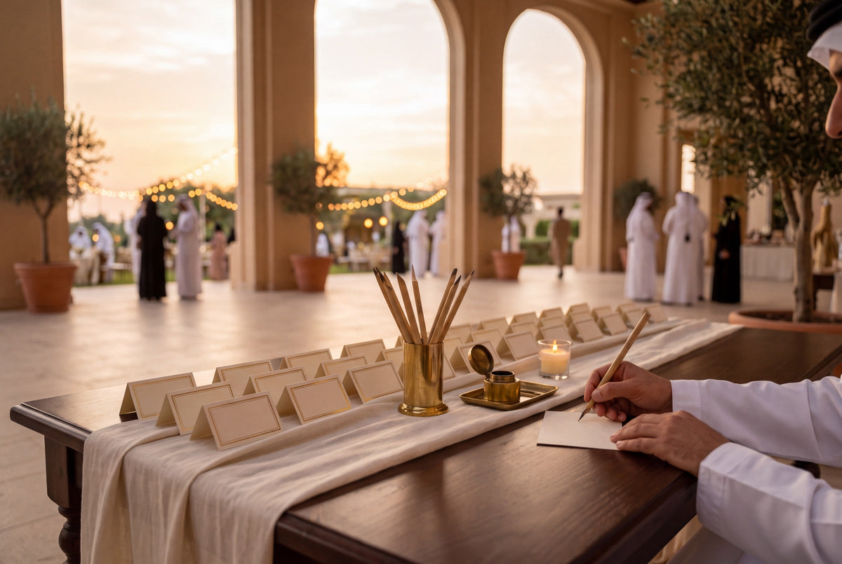 Live calligraphy at a UAE wedding: the calligrapher's table on an open terrace with reed pens, ink and gold-edged place cards