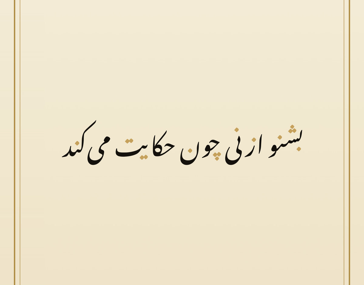 «بشنو از نی چون حکایت می‌کند» للرومي بخط النستعليق، لقطة قريبة من لوحة الخط