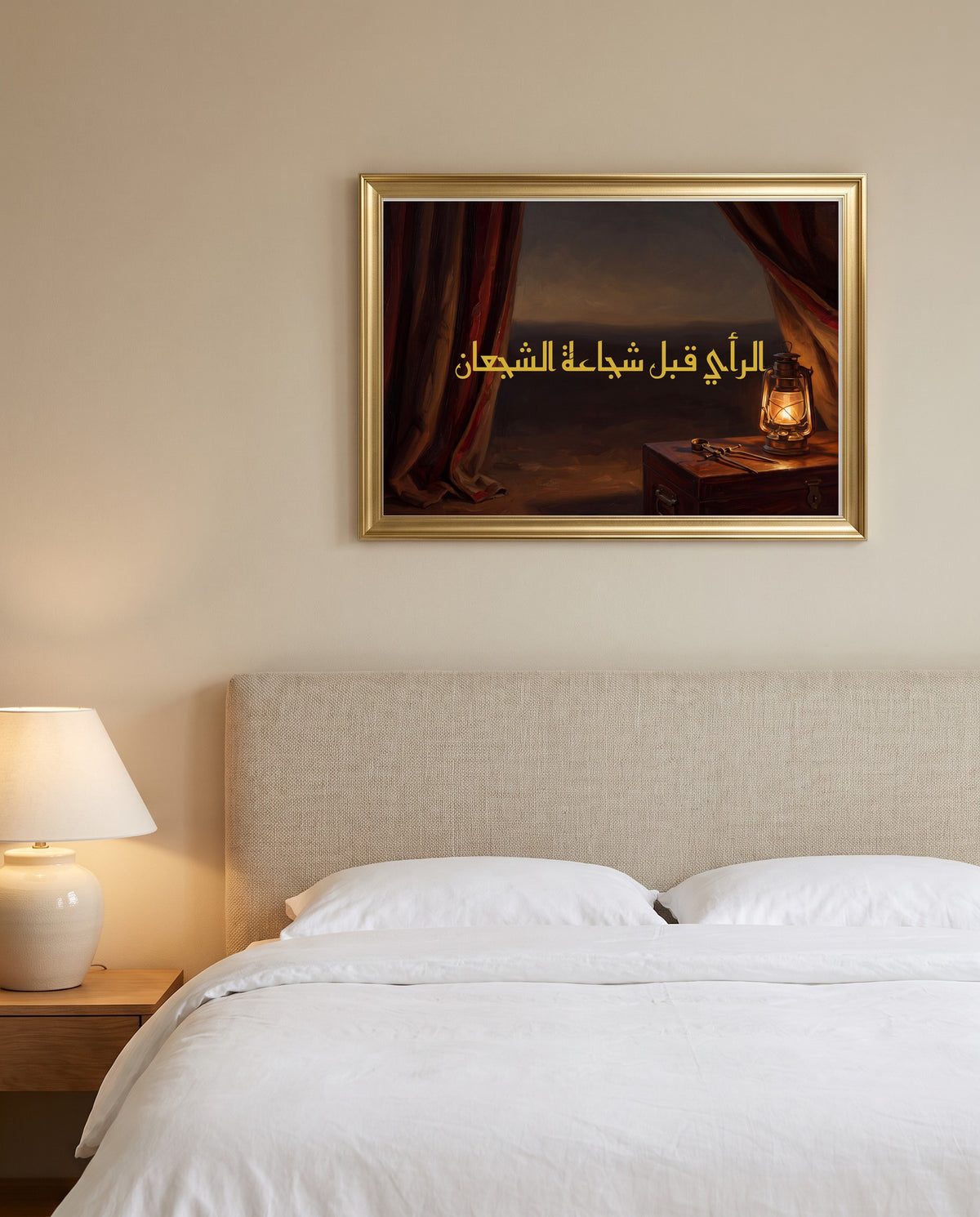 «الرأي قبل شجاعة الشجعان» بالخط الكوفي في إطار ذهبي مصقول فوق سرير بمفارش بيضاء