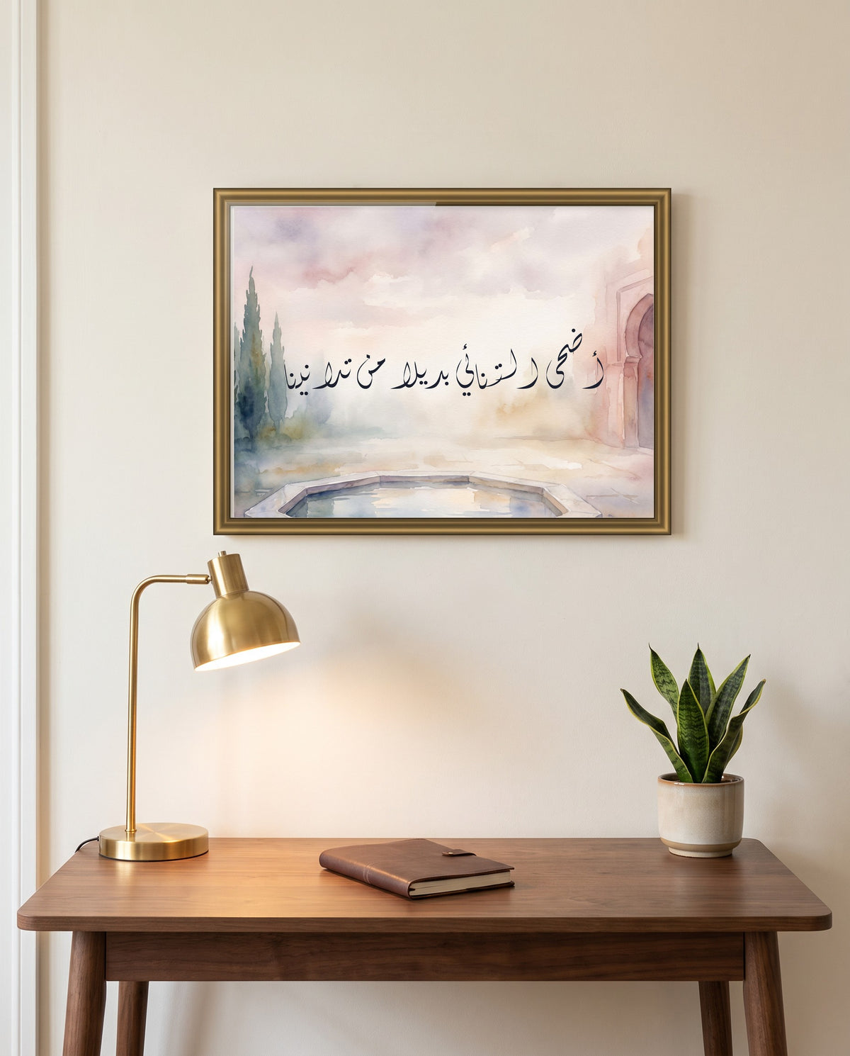 «أضحى التنائي بديلا من تدانينا» بالخط الديواني في إطار ذهبي مصقول فوق مكتب من خشب الجوز
