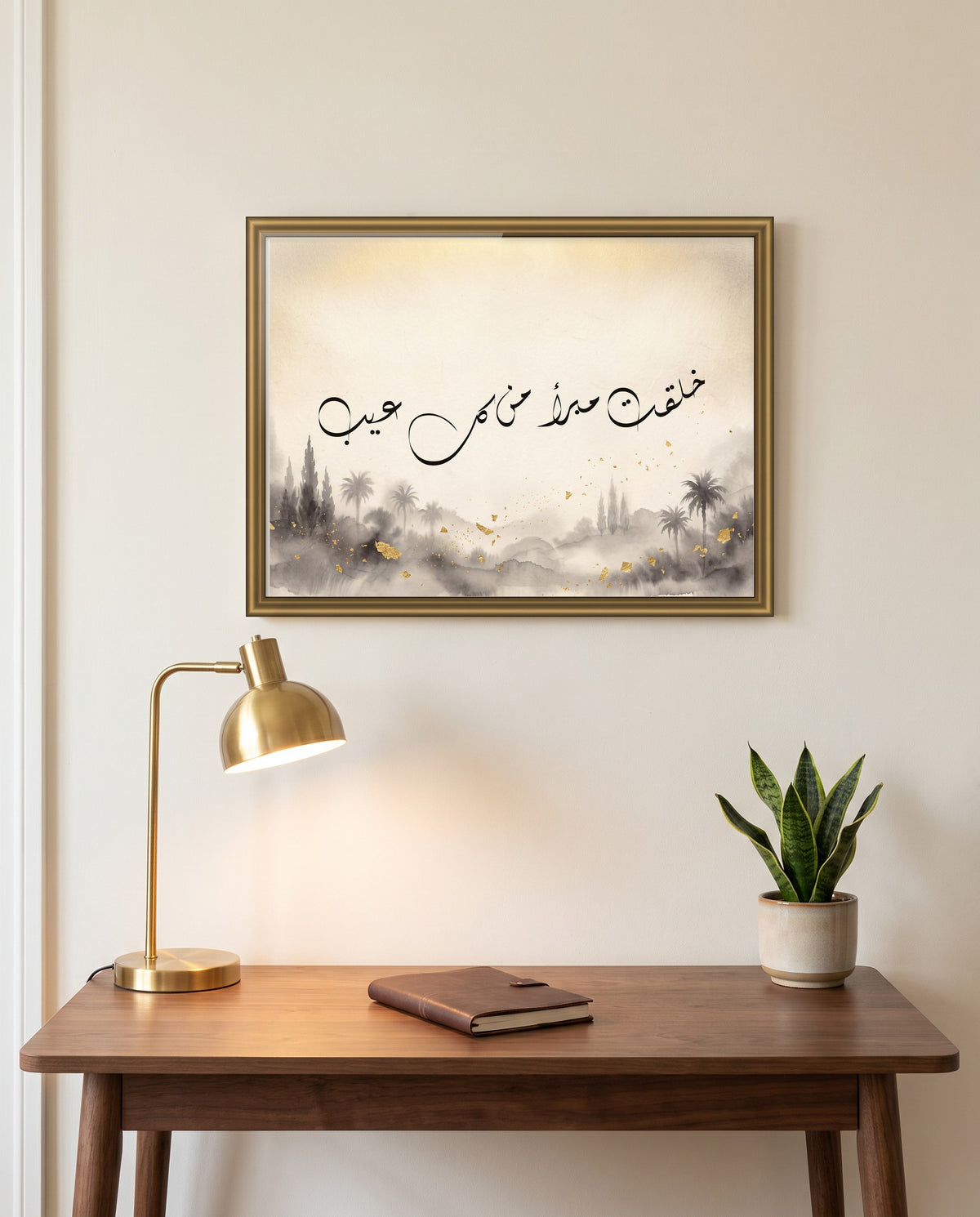 You Were Created Free of Every Flaw: Arabic poetry in Diwani calligraphy, framed in polished gold above a walnut desk in a study