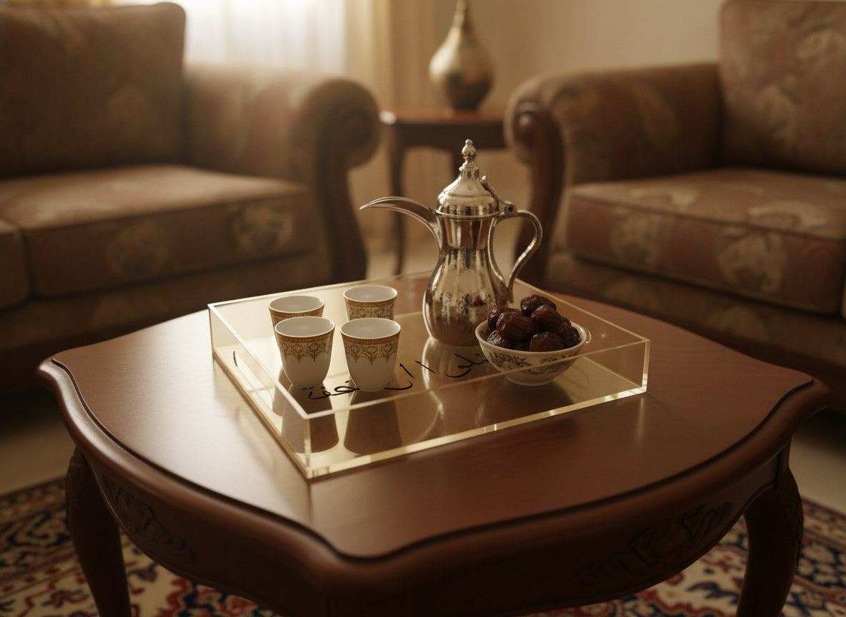 «تفضلوا» serving tray in use