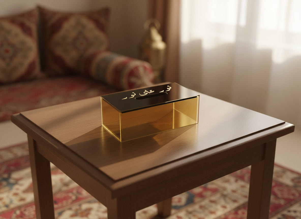 «نور على نور» acrylic tissue box on a table
