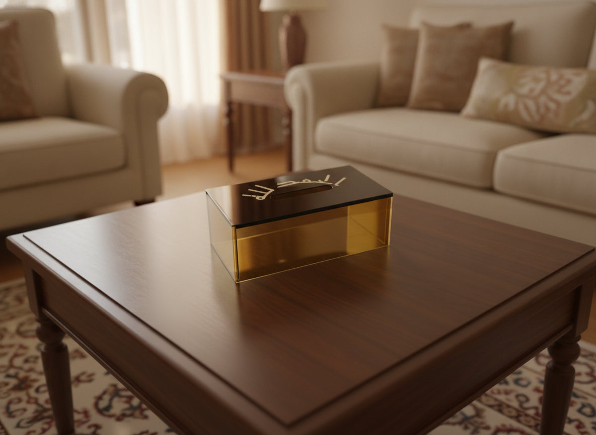 «الحمد لله» acrylic tissue box on a table