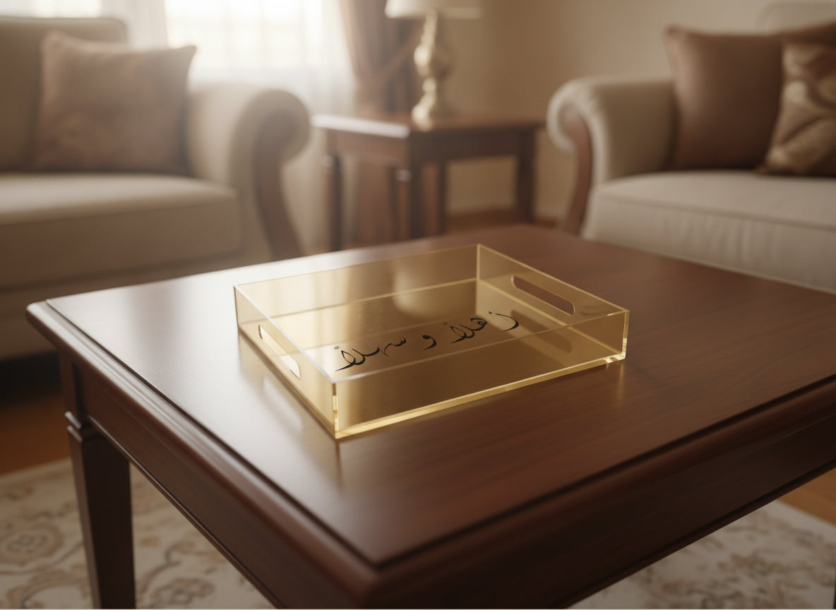 «أهلاً وسهلاً» acrylic serving tray on a table