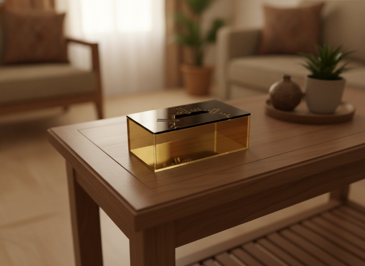 «سلام» acrylic tissue box on a table