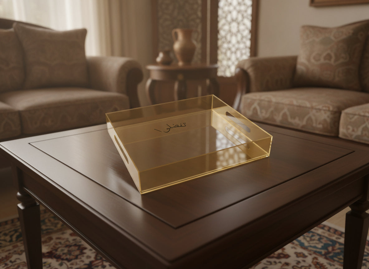 «تفضلوا» acrylic serving tray on a table