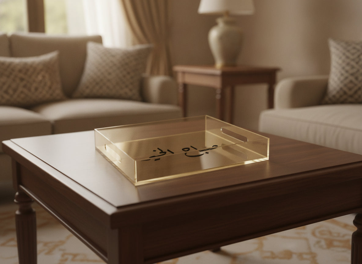«صباح الخير» acrylic serving tray on a table
