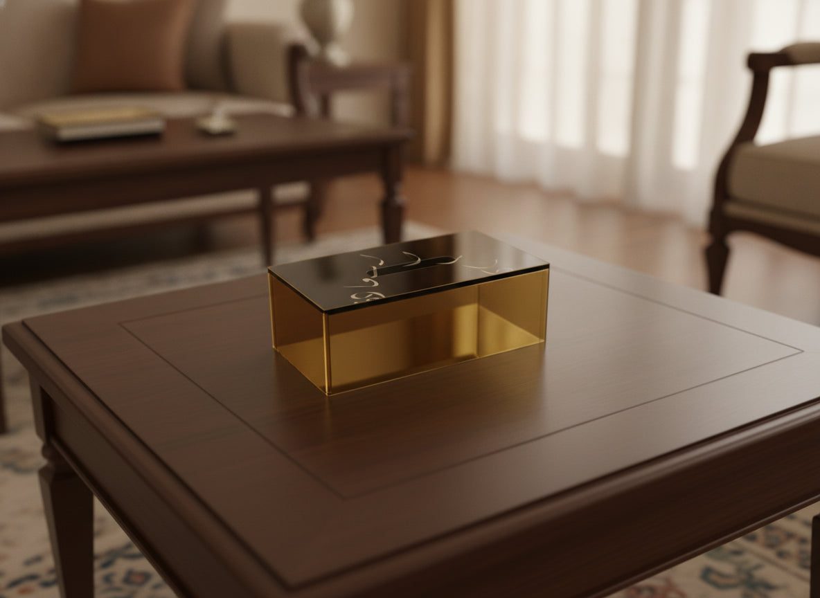«دار السعادة» acrylic tissue box on a table