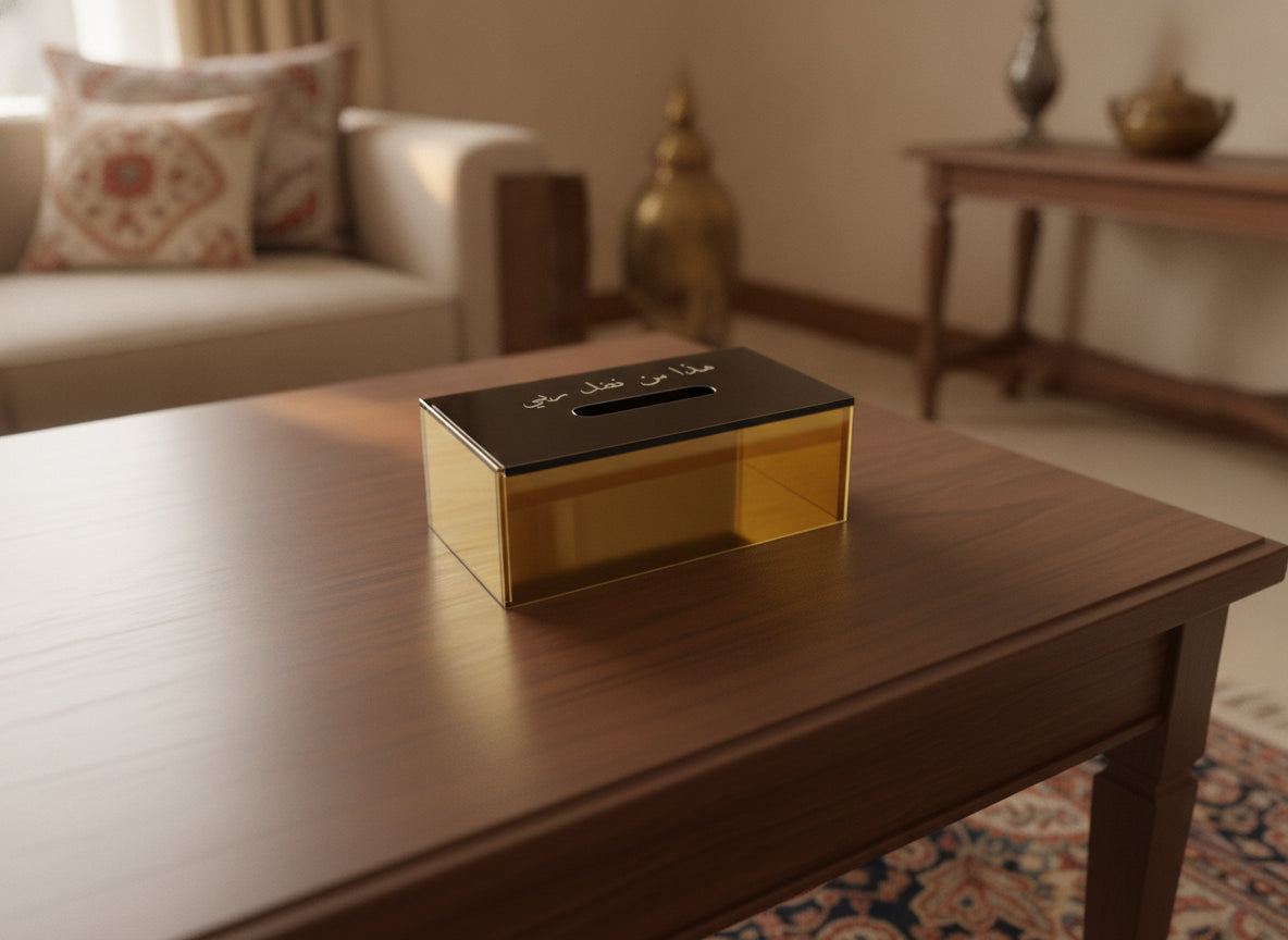 «هذا من فضل ربي» acrylic tissue box on a table