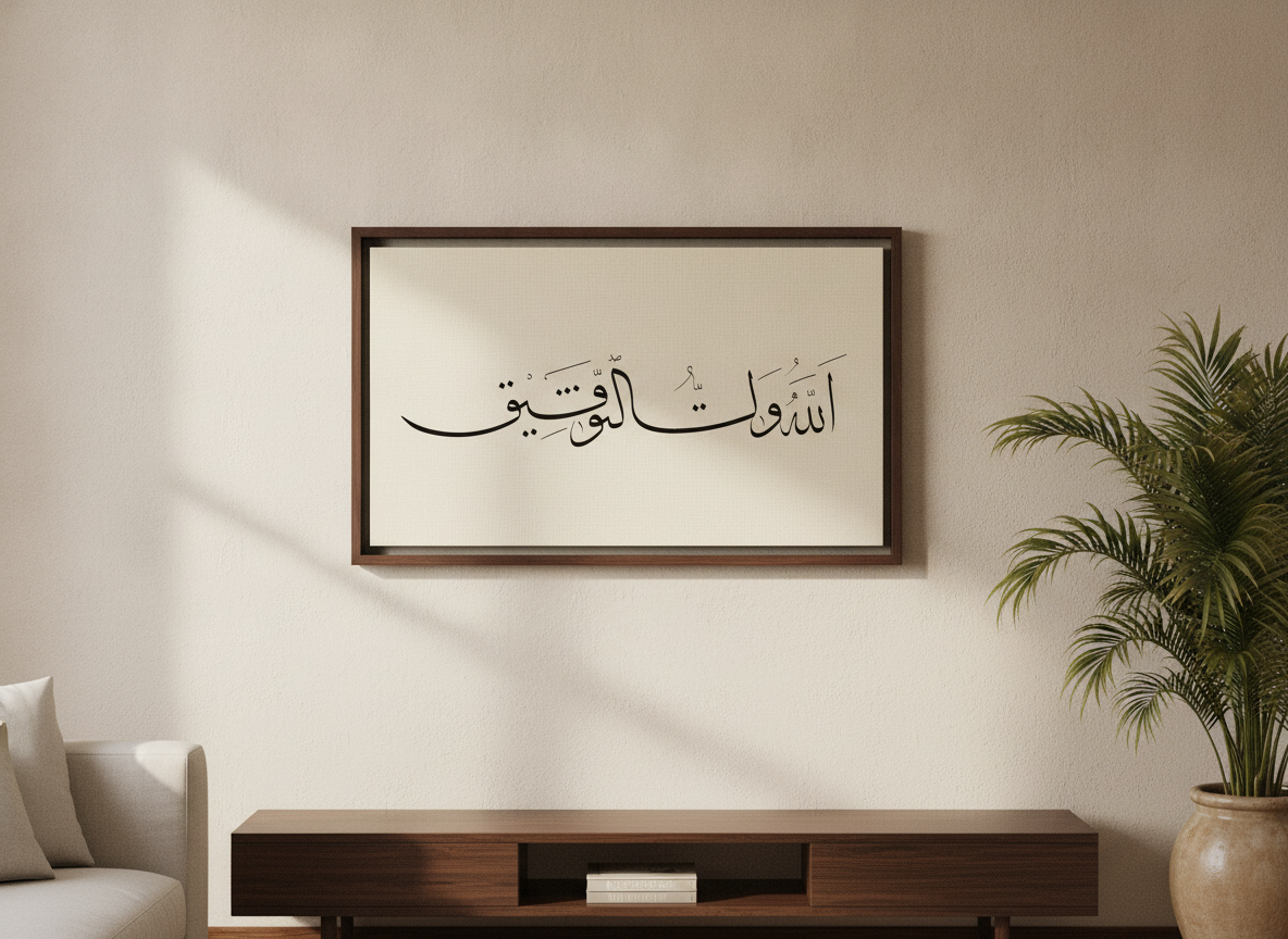 «الله ولي التوفيق» framed Thuluth calligraphy paint on a living-room wall