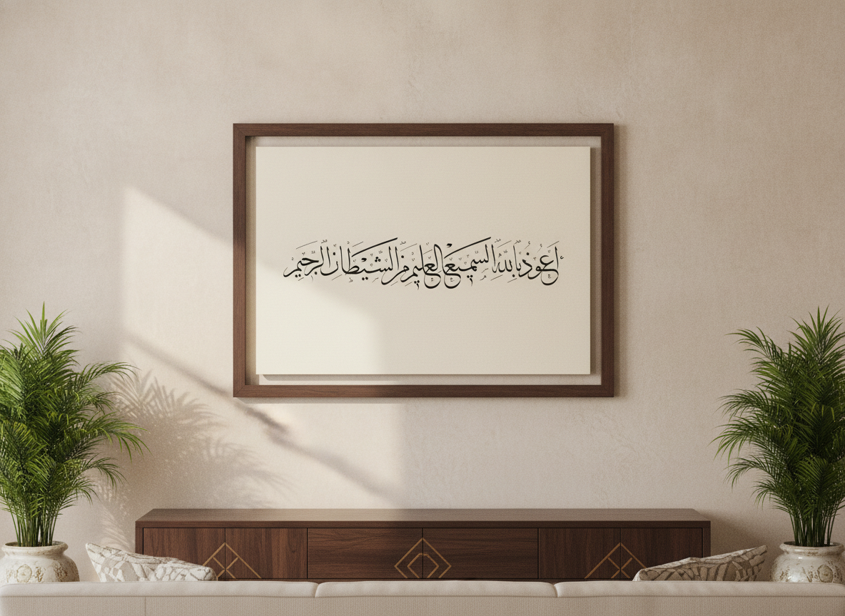 «أعوذ بالله السميع العليم من الشيطان الرجيم» framed Thuluth calligraphy paint on a living-room wall
