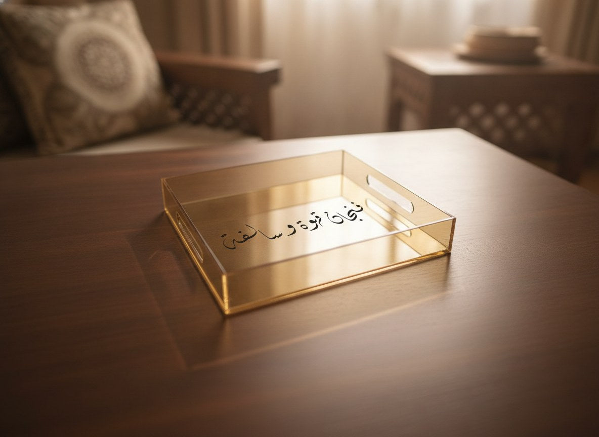 «فنجان قهوة وسالفة» Diwani calligraphy serving tray, gold acrylic, on a coffee table