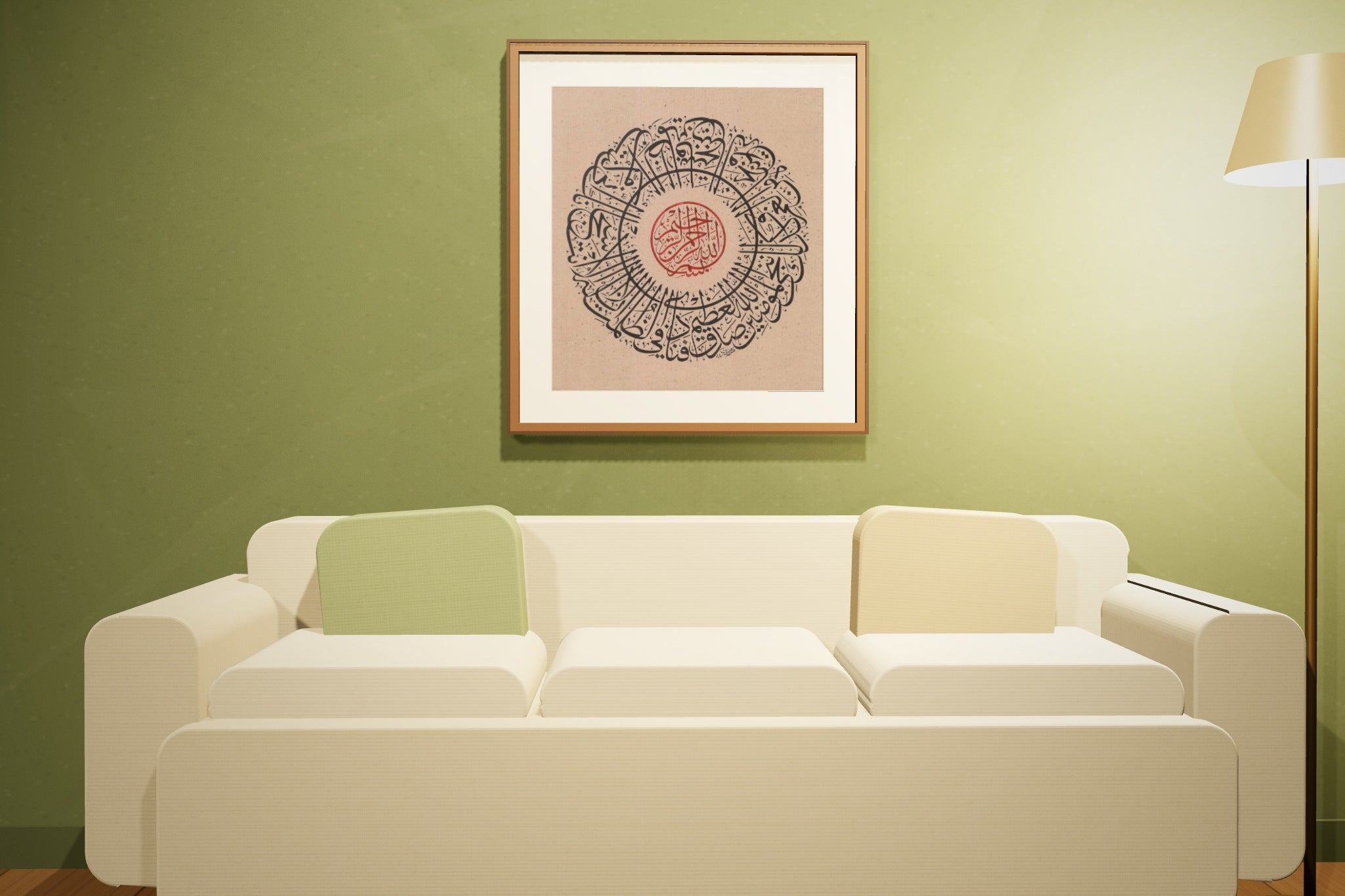 «فنادى في الظلمات» framed — dark walnut frame, in an olive lounge