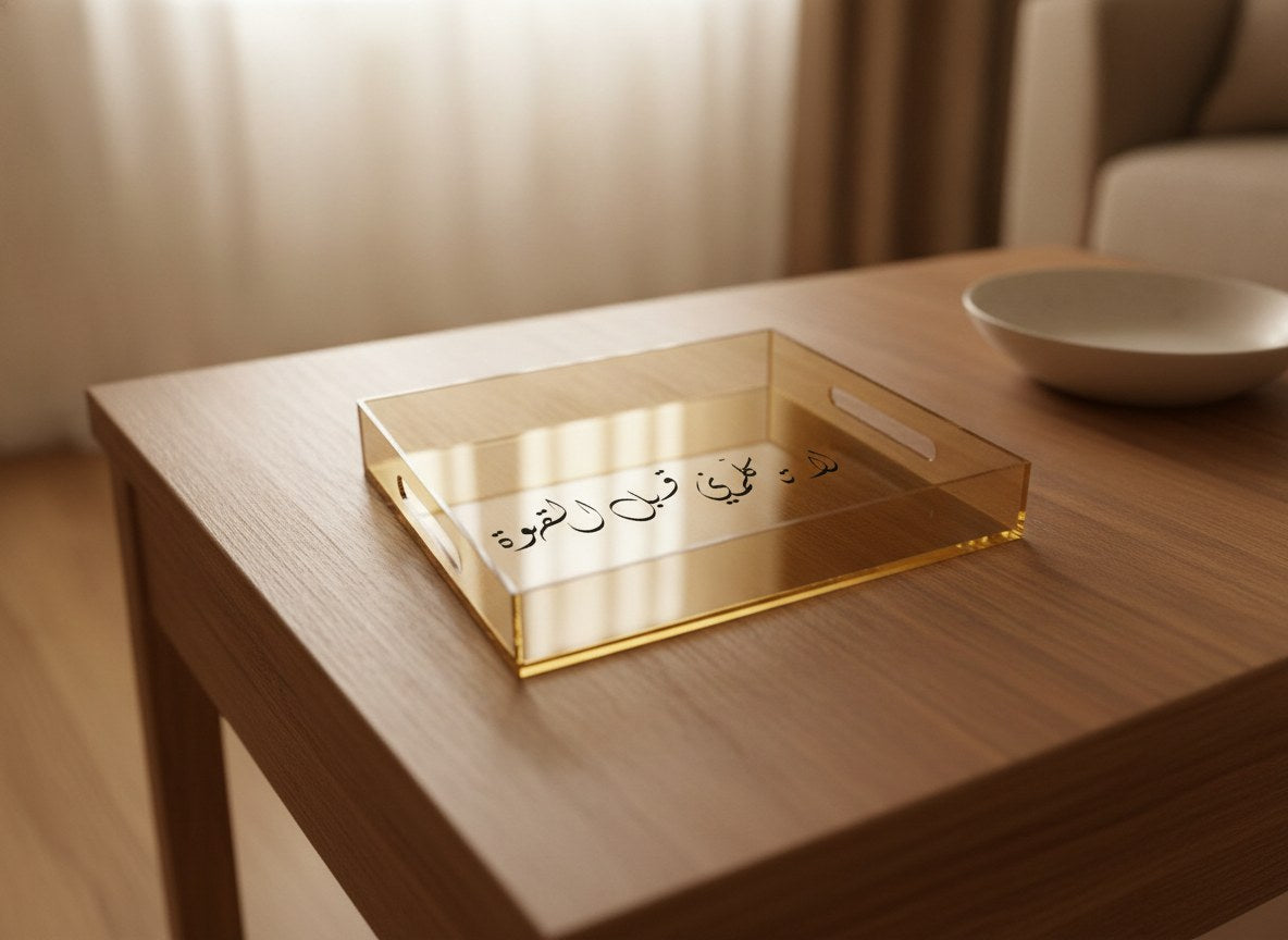 «لا تكلّمني قبل القهوة» Diwani calligraphy serving tray, gold acrylic, on a coffee table