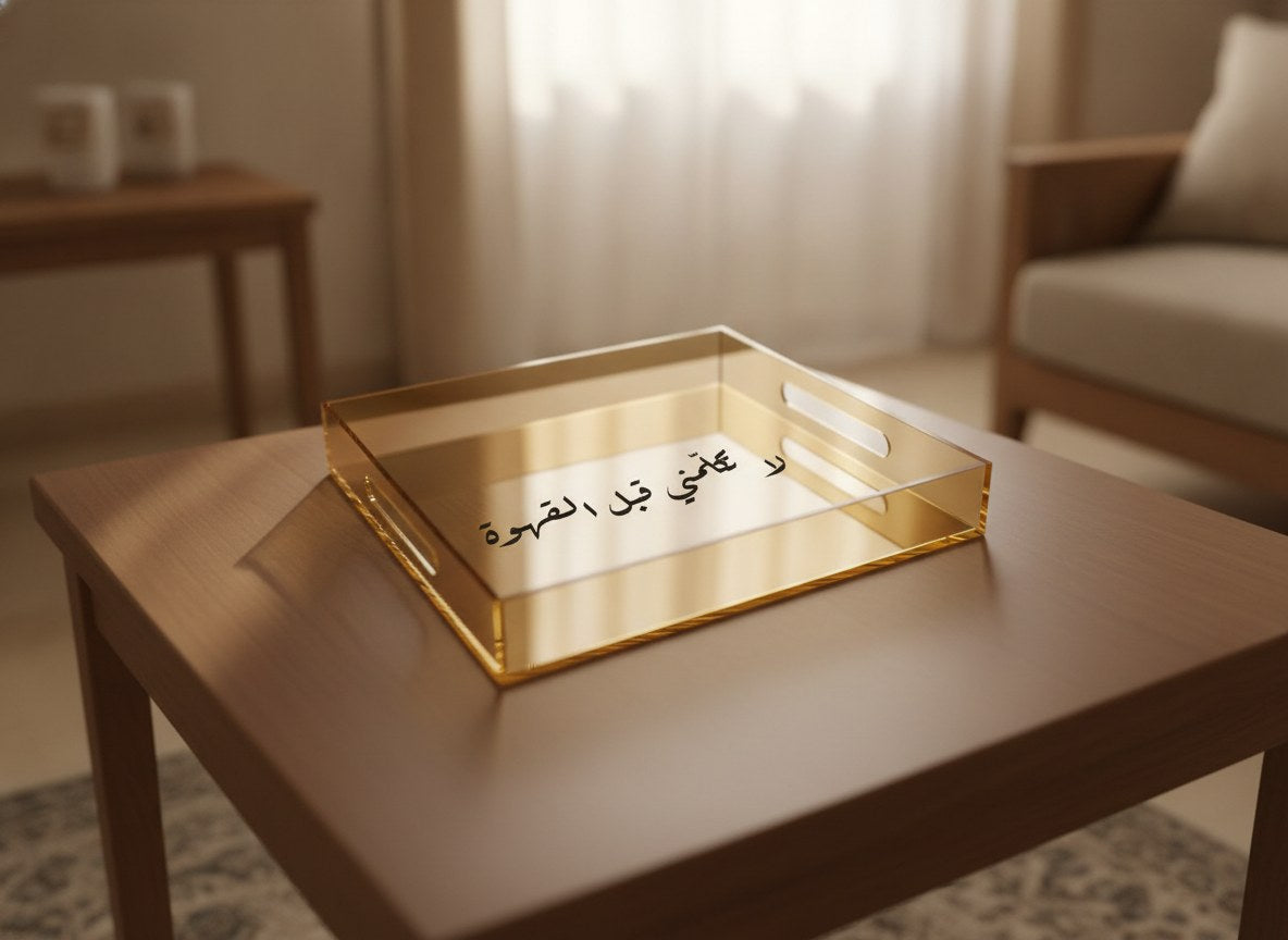 «لا تكلّمني قبل القهوة» Ruq’ah calligraphy serving tray, gold acrylic, on a coffee table